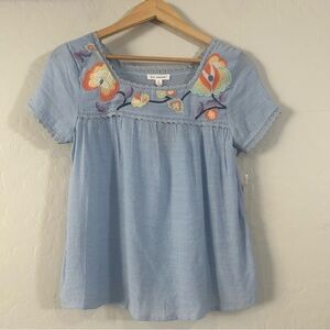Blu Pepper Embroidered Boho Peasant Top NWT Women’s Small Light Blue Floral